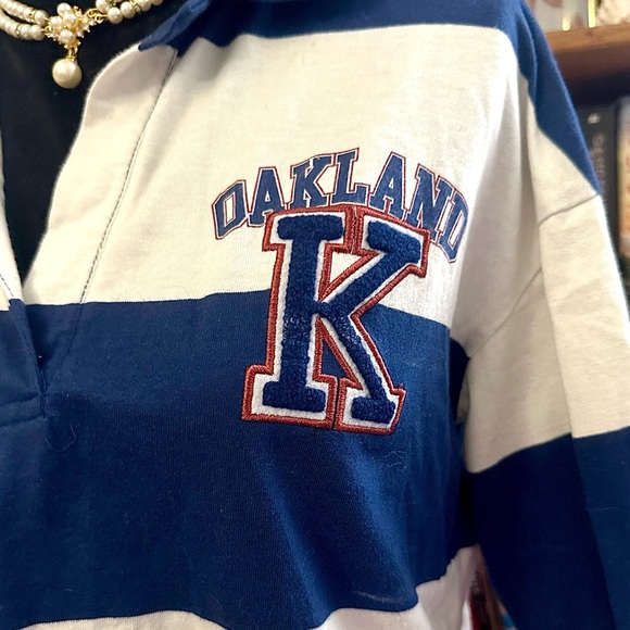 Blue&White Color Block Women’s Cropped Rugby feat. Oakland theme, size Small - Picture 2 of 7